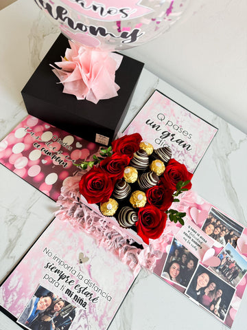 Caja Explosiva con Rosas, Bombones, fresas con chocolate y globos con helio