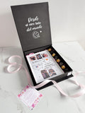 CAJA PERSONALIZADA CON MARCO DISEÑO DESDE LA DISTANCIA PAISES, FRESAS CON CHOCOLATE Y BOMBONES