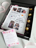 CAJA PERSONALIZADA CON MARCO DISEÑO DESDE LA DISTANCIA PAISES, FRESAS CON CHOCOLATE Y BOMBONES