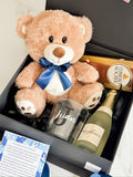 CAJA PERSONALIZADA CON OSITO DE PELUCHE, MINI CAVA, VASO PERSONALIZADO Y CHOCOLATE