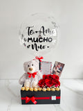 Arreglo peluche con rosas, bombones y globo burbuja personalizado