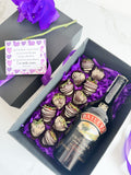 Caja sorpresa fresas con chocolate, botella de baileys, globito personalizado y una rosa