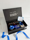 Caja Box personalizada con whisky black label, bombones, pretzels y vaso personalizado