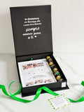 CAJA PERSONALIZADA CON MARCO DISEÑO DESDE LA DISTANCIA PAISES, FRESAS CON CHOCOLATE Y BOMBONES