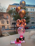 Caja Explosiva con mini tarta y globos con helio