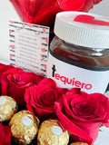 Caja con rosas, bombones, nutella y globo personalizado