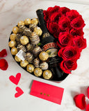 Corazón de rosas, bombones, fresas con chocolate + Baileys