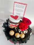 Arreglo con rosas, bombones ferrero y nutella