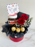 Arreglo con rosas, bombones ferrero y nutella